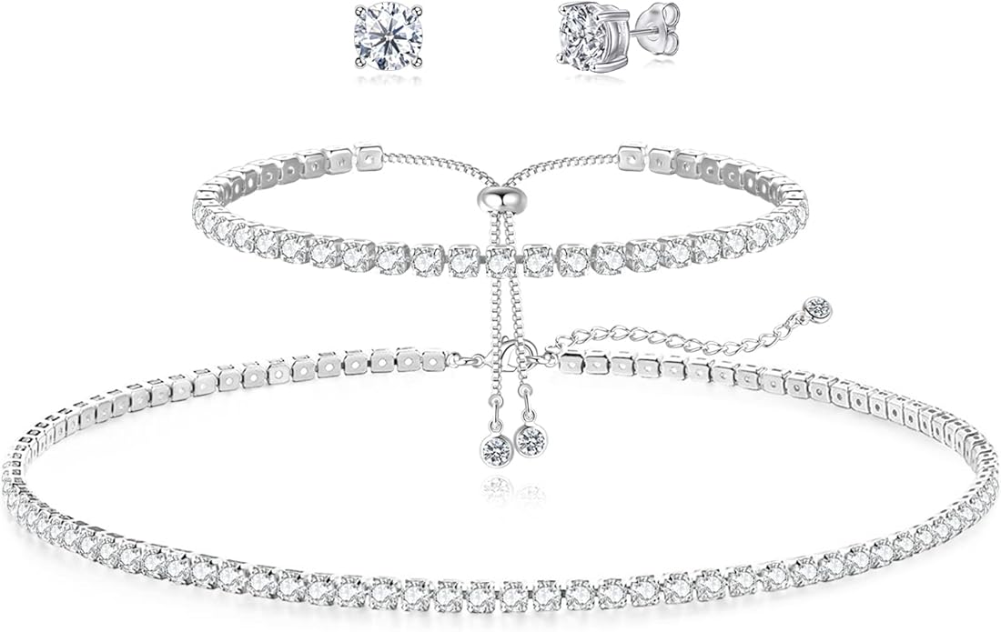 HAXIYA Tennis Necklace Bracelet for Women, Sterling Sliver, Dainty Chocker Necklace, Crystal Bracelet for Women, Wedding J...