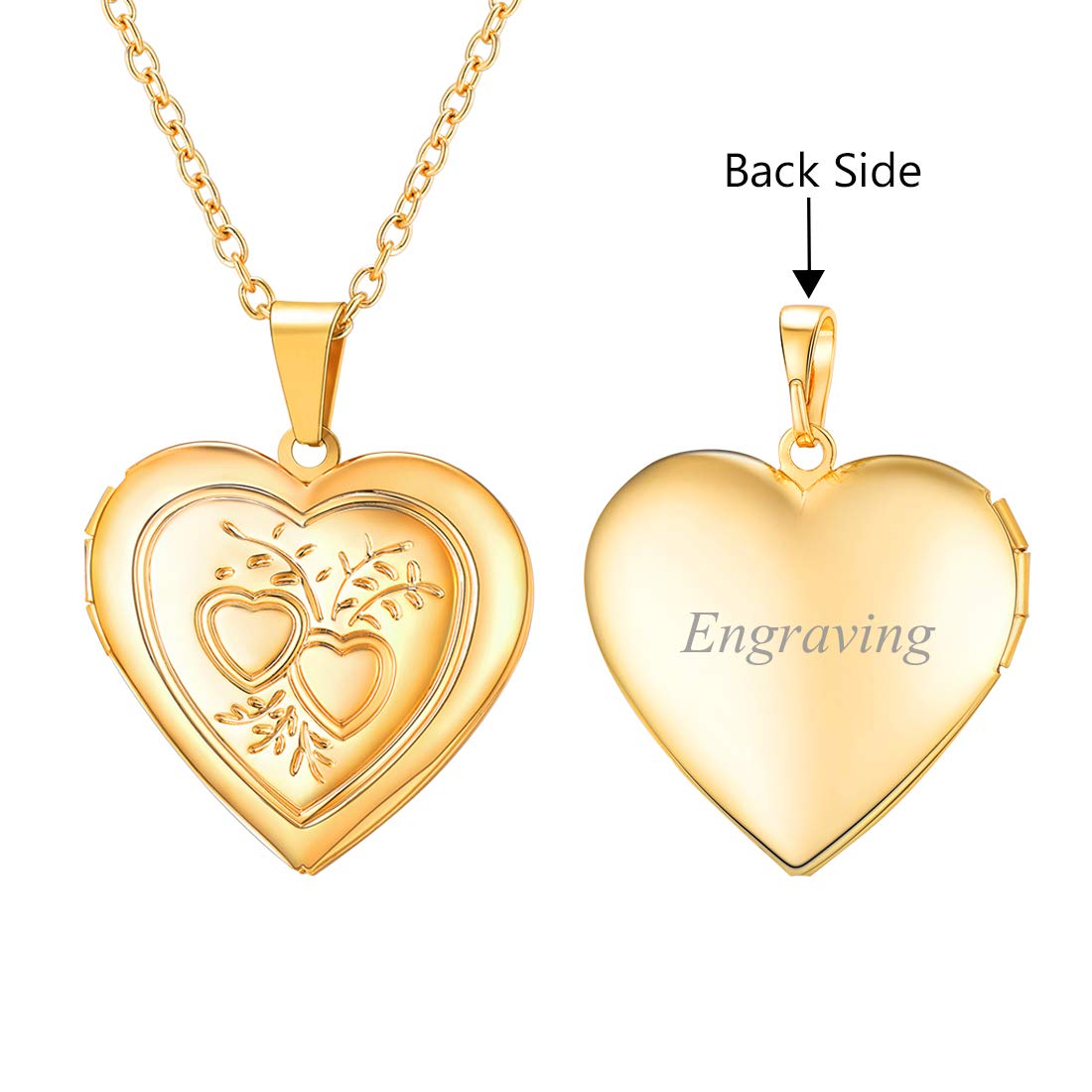 U7 Women Locket Necklace 18K Real Gold Plated Link Chain Heart & Heart Pendant for Photo