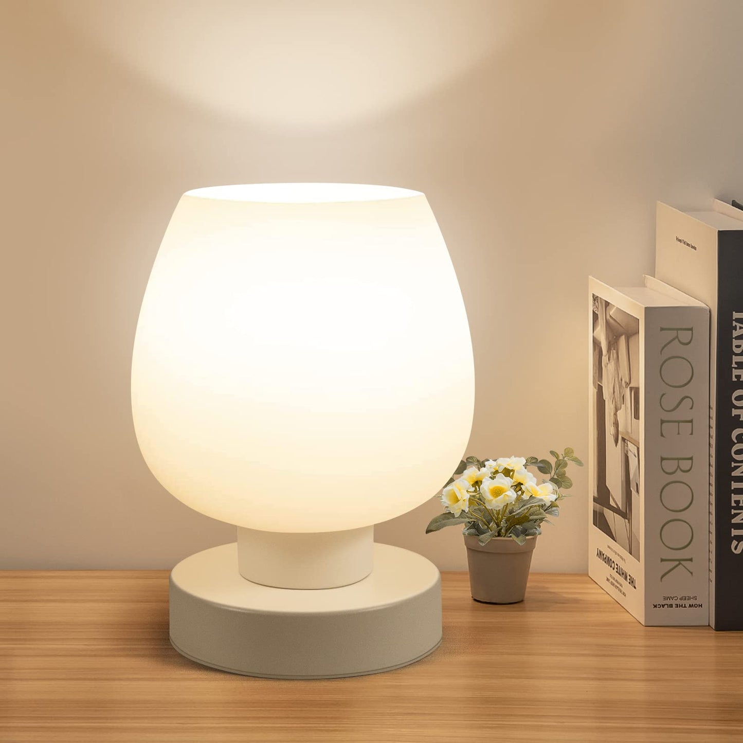 ONEWISH Touch Bedside Table Lamp - Modern Small Glass Lamp with White Opal Shade, Warm LED, 3-Way Dimmable, One Pack