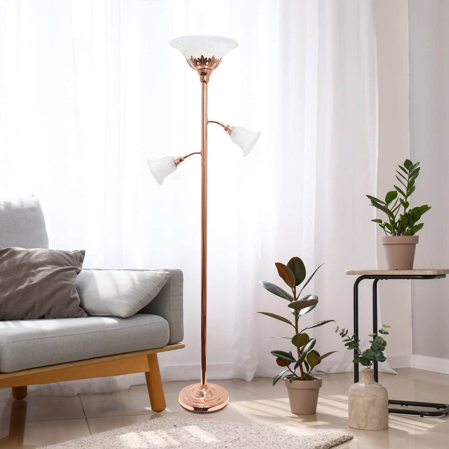 LALIA HOME Torchiere Floor Lamp with 2 Reading Lights, Metal, Rose Gold/White Shades, Model LHF-3002-RG