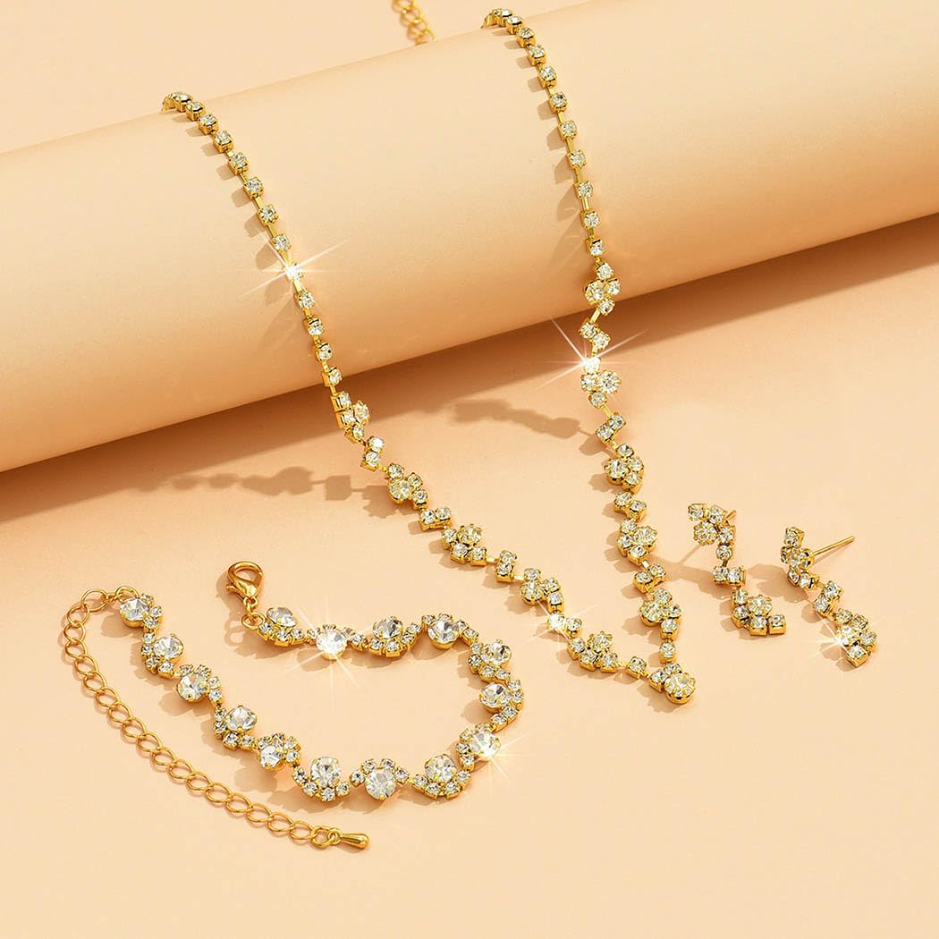 Unicra Bride Crystal Necklace Earrings Set Bridal Wedding Jewelry Sets Rhinestone Choker Necklace Costume Jewelry Set for Women