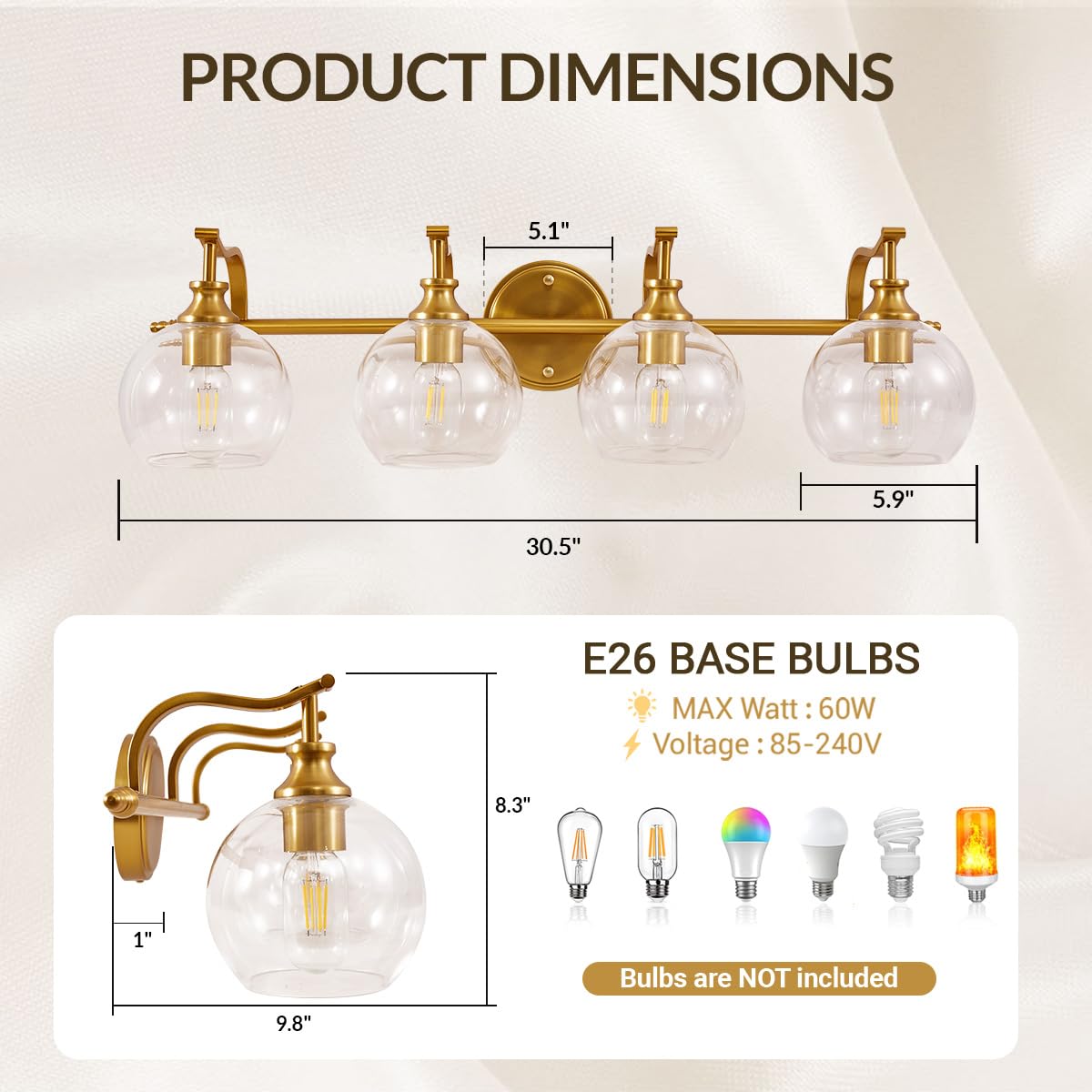 Andy Star Brass Vanity Light  Gold Bathroom Light Fixtures 4 Lights  27.8 Inch Vintage Bathroom Sconces  Brushed Brass Vanity Lighting With Globe Clear Glass Shade  E26 Base (Bulbs Not Included)
