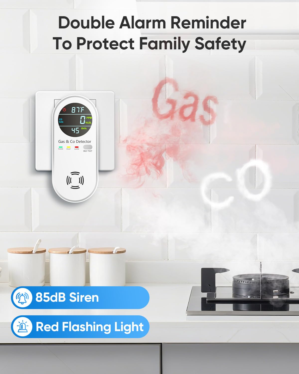 Vilfet Carbon Monoxide Detectors & Natural Gas Detector, 4-in-1 Carbon Monoxide Detectors Plug in, Gas Leak Detector with Dual Alarms, Temperature & Humidity Sensor for Home, RV, White, 1 Pack