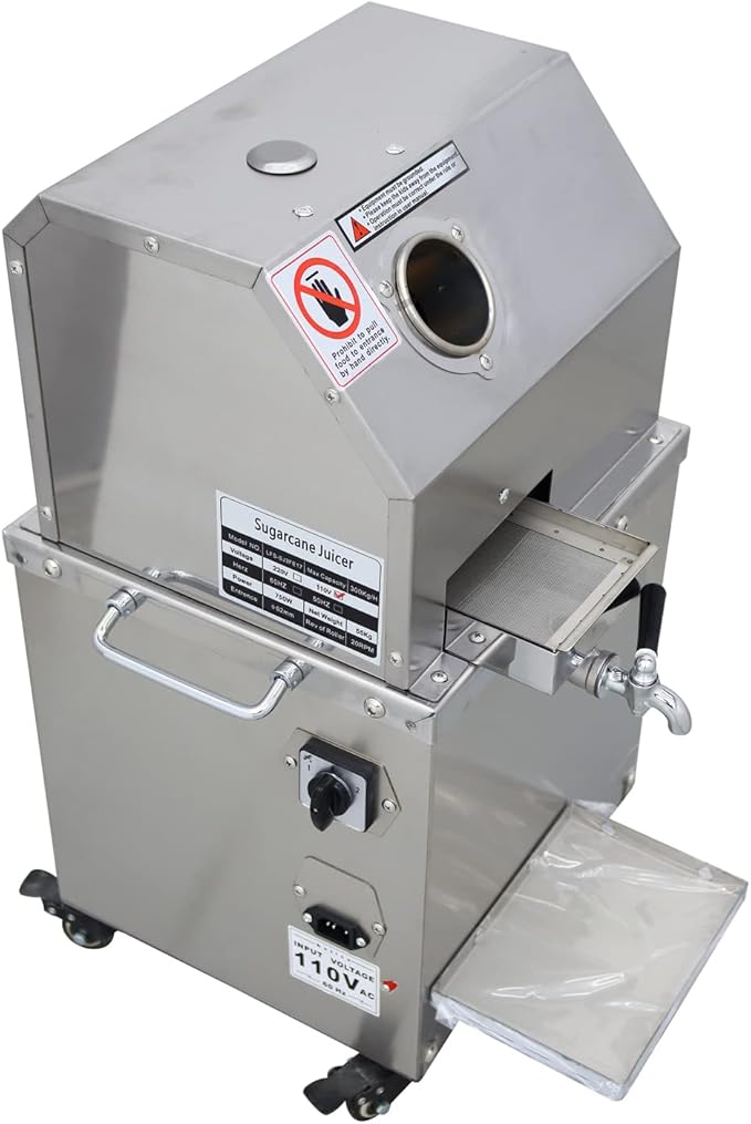 TECHTONGDA Sugarcane Press 110V 3 Rollers Sugar Cane Juicer Electric Sugar Cane Ginger Press with 304 Stainless Steel Rollers and Water Injection Hole 660lb/h Productivity for Commercial Use