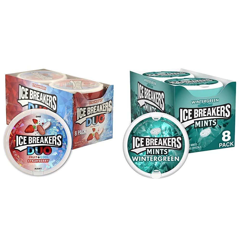ICE BREAKERS Duo Fruit Plus Cool Strawberry Sugar Free Breath Mints Tins (8 Count) and ICE BREAKERS Wintergreen Sugar Free Breat