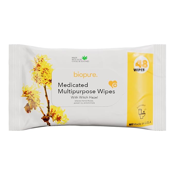 BIOPURE Witch Hazel Wipes with Aloe Vera – 48 Count Value Pack | Medicated Flushable Hemorrhoid Wipes for Gentle, Soothing & Astringent Cleansing Relief