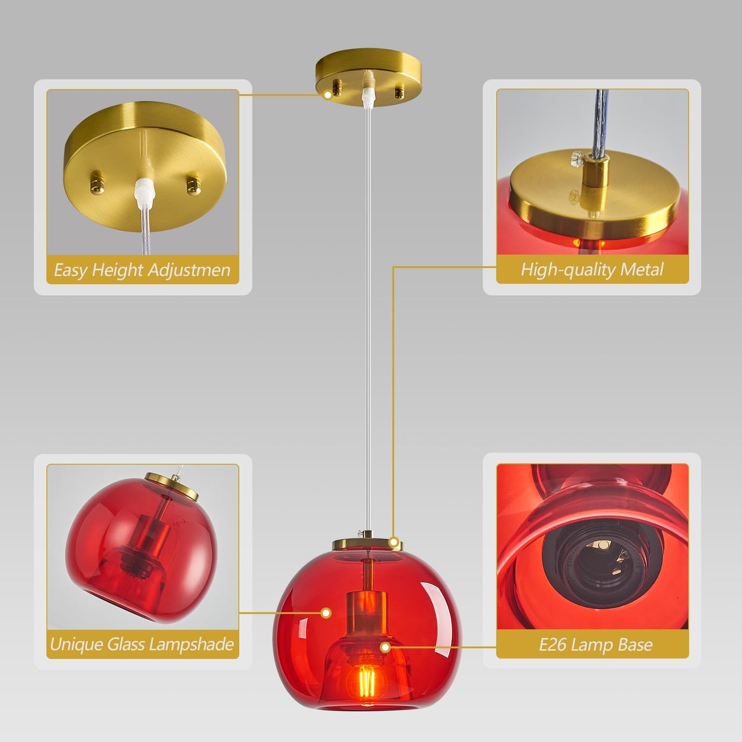 Lbsqj Red Glass Pendant Lights Kitchen Island Gold Hanging Light Fixture Glass Globe Pendant Light Modern Pendant Lighting For Kitchen Island Bedroom Dining Room (7.87  3 Pack)