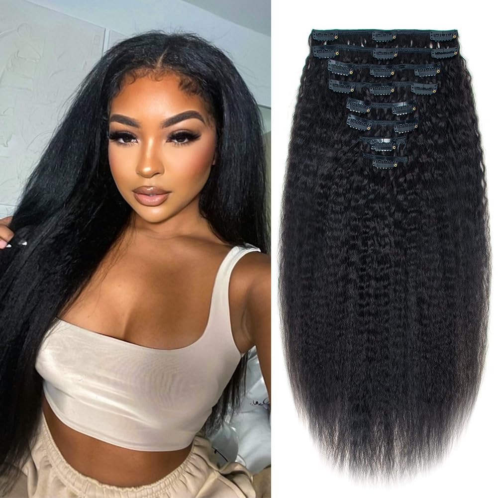 CiTake 16 Inch Yaki Straight Clip in Hair Extensions Real Human Hair for Black Women 90g/8pcs Double Weft 10A Brazilian Kinky St