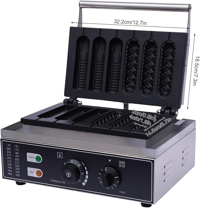 1550W Corn Dog Waffle Maker, 6 Grid 2 Shapes Non-Stick Hot Dog Machine with Temp & Time Control, Countertop Waffle Pop Maker for Restaurant Bakery Snack Bar Family