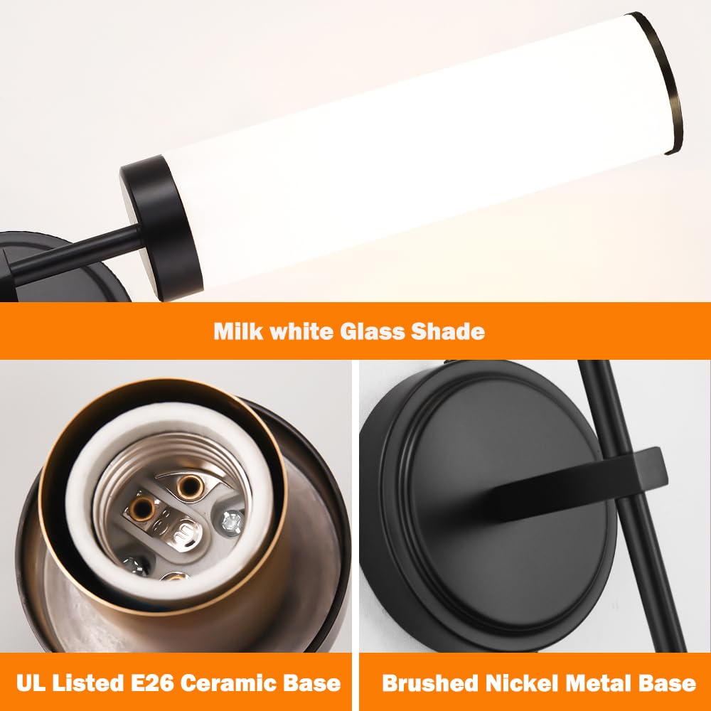 Matte Black Wall Sconces Set Of 2  Modern Bathroom Sconces Wall Lighting With Opal White Glass  Vanity Light Fixtures For Bathroom  Wall Mount Lights For Living Room Bedroom Hallway  Hardwired