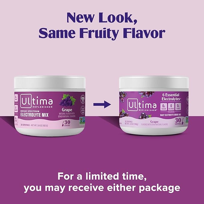 Ultima Replenisher Daily Electrolyte Powder Drink Mix – Sugar Free – Grape, 30 Servings – Hydration Powder with 6 Key Electrolytes and Trace Minerals – Keto Friendly, Vegan, Non-GMO