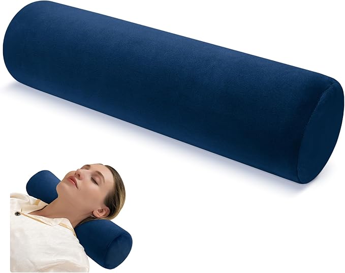 Cervical Neck Pillow Roll Memory Foam Support Round Pillows for Pain Relief Sleeping, Bed, Legs, Back and Yoga Blue 17 x 4.5 Inches