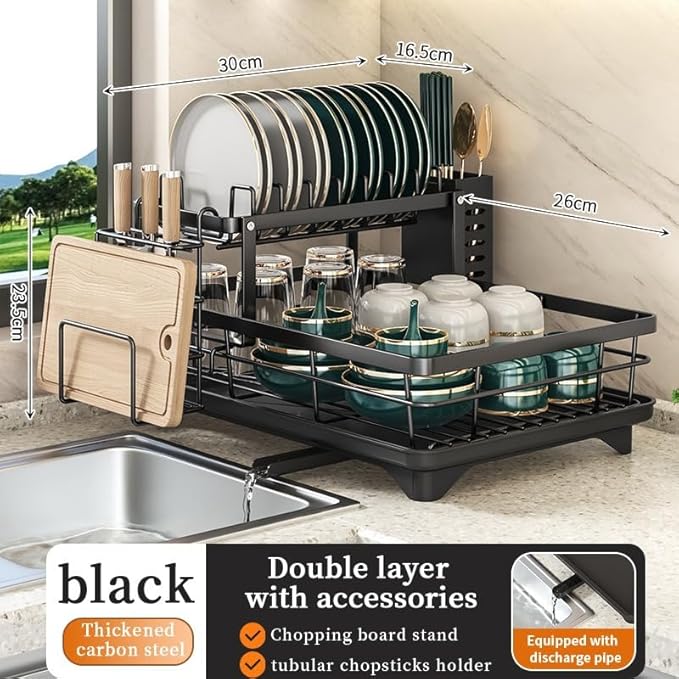 Large Dish Drying Rack for Kitchen Counter, 2-Tier Expandable Dish Drainer with Drainboard, Anti-Rust Steel Drying Rack with Cutlery Holder, Cup Holder and Storage Areas for Plates Bowls Pots