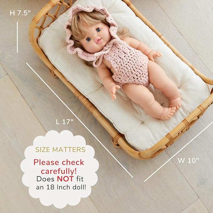 BEBE BASK Small Premium Rattan Baby Doll Bed 17 x 10 x 7,5 in –Handcrafted & Award-Winning - Perfect First Wooden Doll Bed - Luxe Mattress (Small)