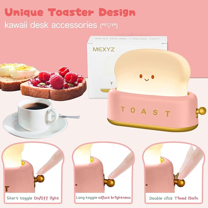 Cute Desk Decor Toaster Lamp, Kawaii Accessories Small LED Night Light for Kids Teen Girls, Room Decor Toast Lamp for Bedroom, Bedside, Living Room Aesthetic Stuff,Gift