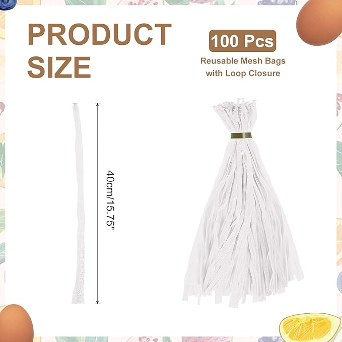 uxcell 100Pcs Reusable Produce Mesh Bags, 40cm Mesh Nylon Netting with Loop-Style Closures, Stretchable Egg Hatching Bags for Fruit Vegetable Storage, White