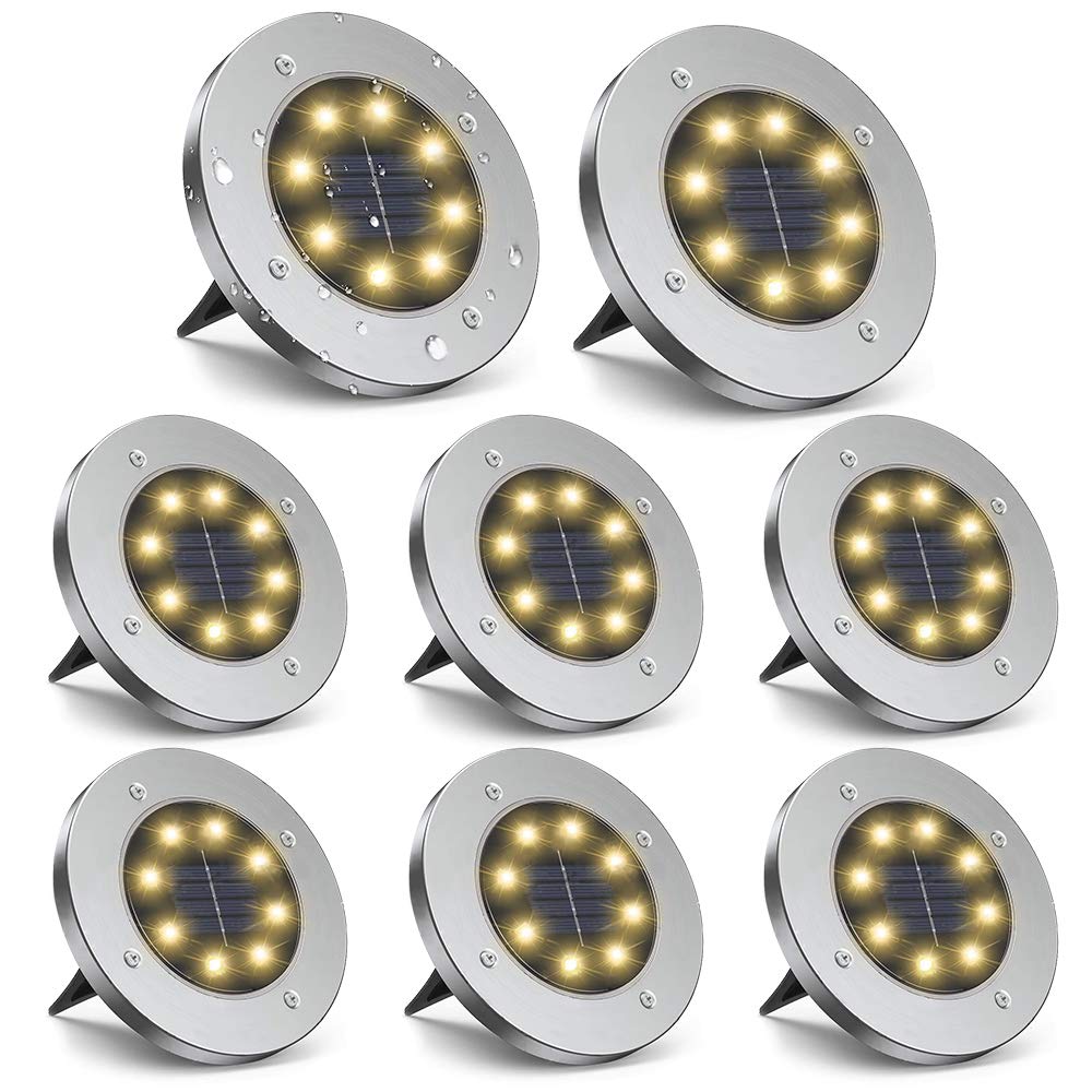 Zgwj Solar Ground Lights, 8 Pack Waterproof Led Disk Lights, Warm White Stainless Steel For Garden, Patio, Walkway, Driveway