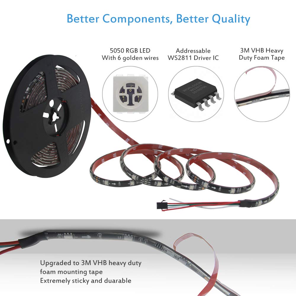 ALITOVE WS2811 RGB LED Strip Light 16.4ft 150 LEDs Waterproof IP65 Black FPCB Flexible Pixel Lights for Arduino DIY