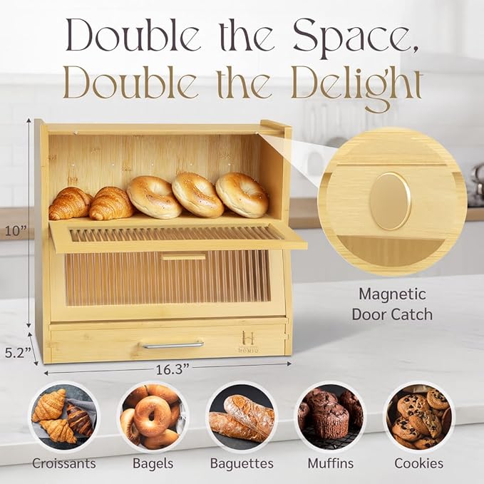 Bread Box for Kitchen Countertop - Bamboo Wood Breadbox with Knife Storage, Ventilation Holes - Farmhouse Loaf Organizer, Versatile 2 Layer Bread Storage Container for Snacks Mugs Spices