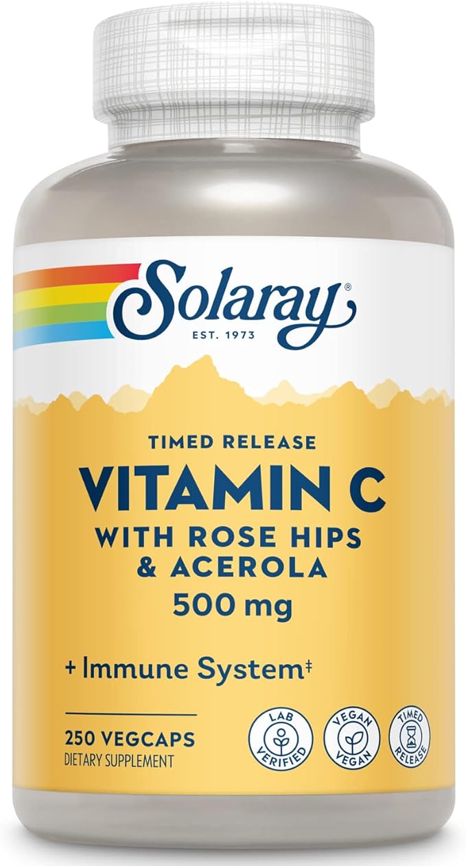 SOLARAY Vitamin C w/Rose HIPS & Acerola | 500mg | Two-Stage, Timed-Release Healthy Immune Function, Skin, Hair & Nails Support | Non-GMO | 250 CT