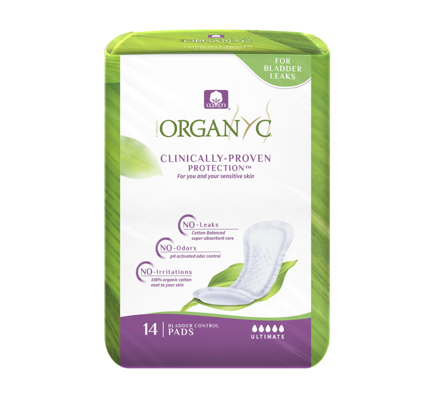 Organyc Certified Organic Cotton Pads for Incontinence, Certified Odor Control, Free from Perfumes, Dyes, Plastics, and Chemicals, FSA/HSA Eligible, Ultimate Flow, 14 Count(Pack of 4)
