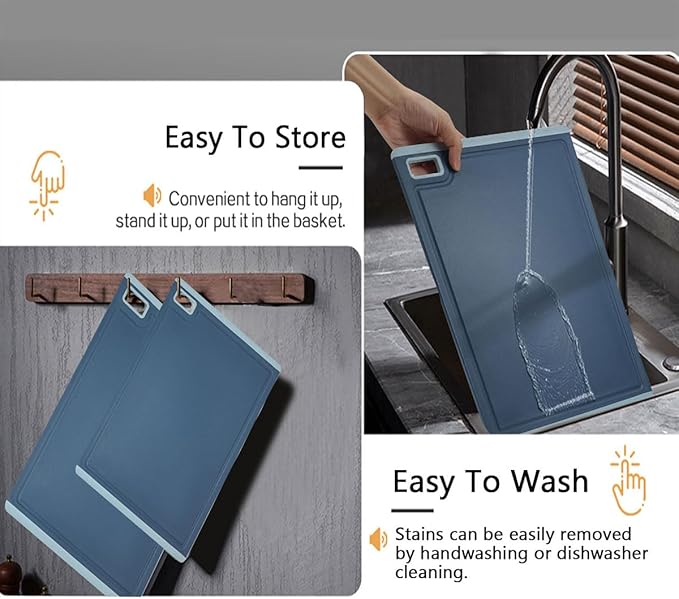 Kitchen Cutting Boards Set of 2, Clear BPA Plastic, Dishwasher Safe, Juice Slots, Anti-Knife Cutting Mats, Blue