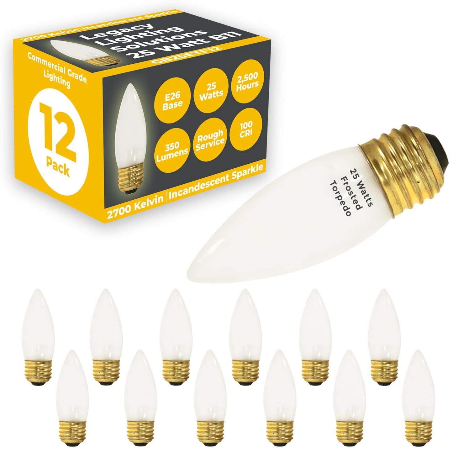 GoodBulb 25-Watt Incandescent Torpedo Light Bulbs, Dimmable, 175 Lumens, Pack of 12, Frosted Finish, Medium E26 Base, 2700