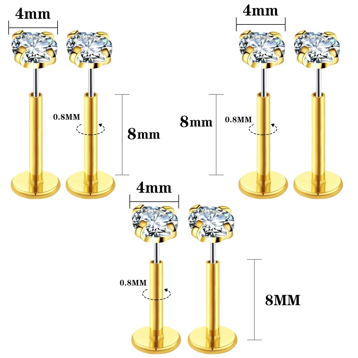 COTATI 20G Flat Back Earrings Stud Threadless Tragus Cartilage Lip Medusa Piercing Jewelry Hypoallergenic (Gold,20G 4/4/4mm CZ)