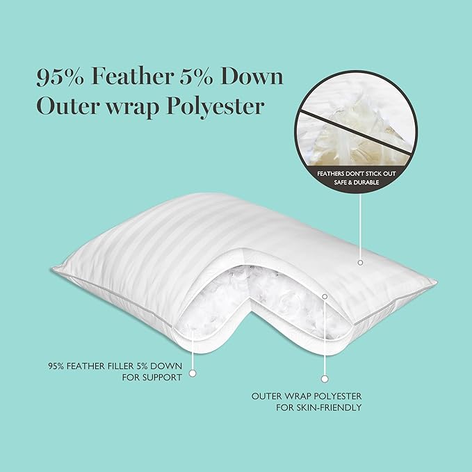 MARTHA STEWART Hotel Collection Meidum Soft Feather Down Pillows 100% Cotton 500 Thread Count Damask Stripe Embroidered, King Size Set of 2, White 2