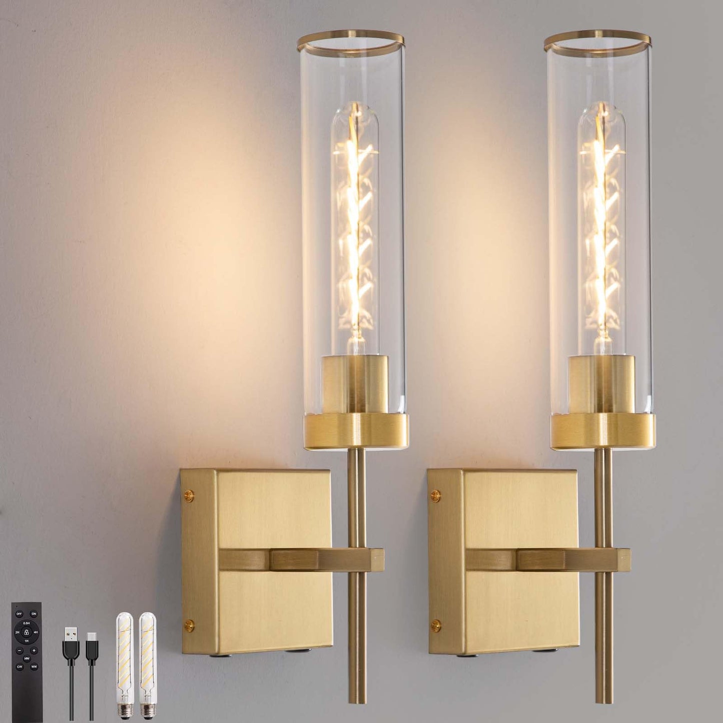 Loiogohot Gold Battery Operated Wall Sconce, Dimmable Touch, 2 Color Temperature, 8000mAh, Model WL-BN2426-GD-ME-Two