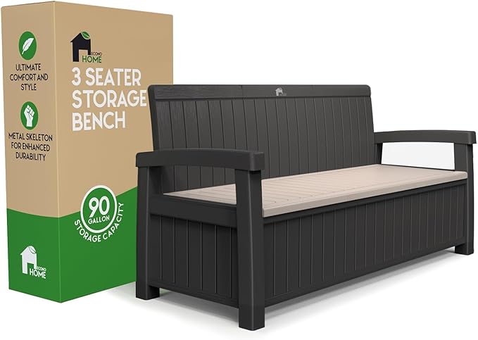 EconoHome 3 Seat Outdoor Storage Bench - 90 Gallon Capacity - Weatherproof Resin Bench for Patio, Porch, Garden, Yard, Pool Area - Furniture for Pool Accessories, Gardening Tools, Toys
