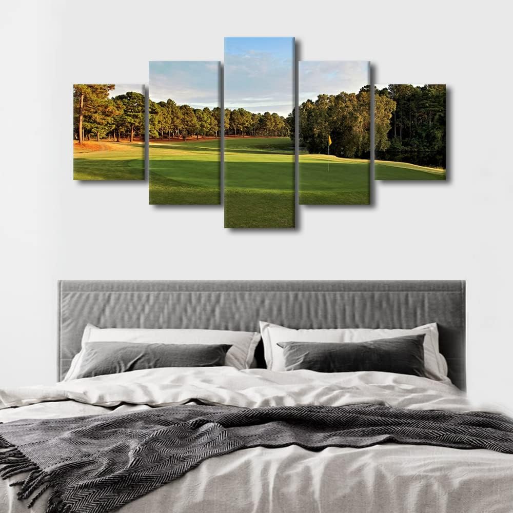 Golf Canvas Painting Prints and Poster Green Golf Course Scenery 5 Panel Pinehurst No.2 Pictures Modern Home Decor Living Room Wall Decorations Modern Large Artwork Stretched and Framed - 60"W x 32"H