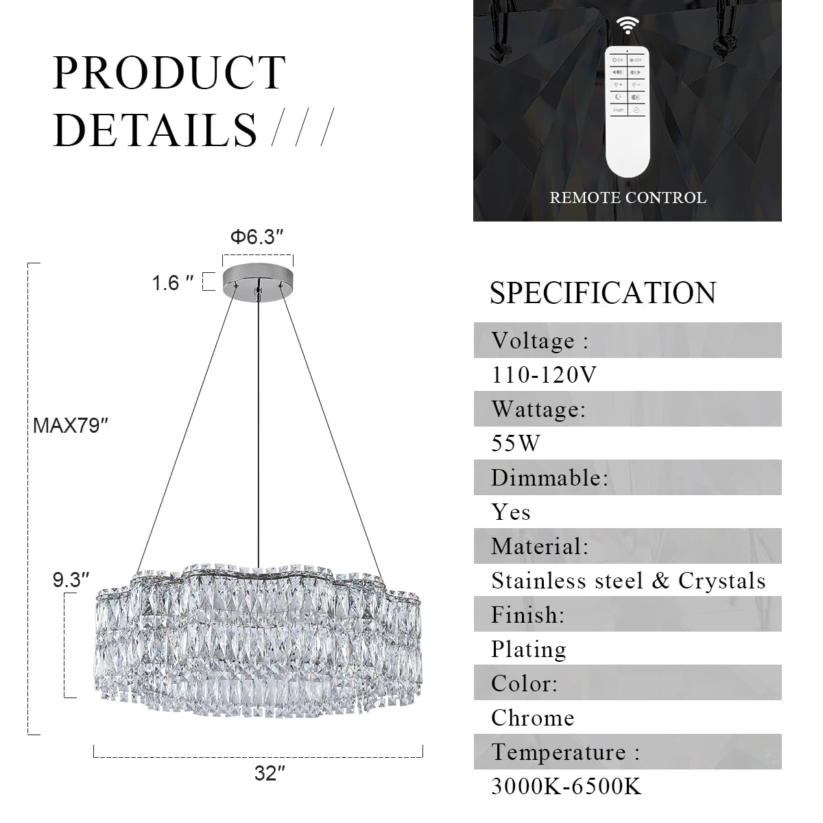 Poemoon Modern Crystal LED Chandelier 32’’ with Remote Control, Dimmable 3000-6500K, Chrome, Model P40-800C1, Large
