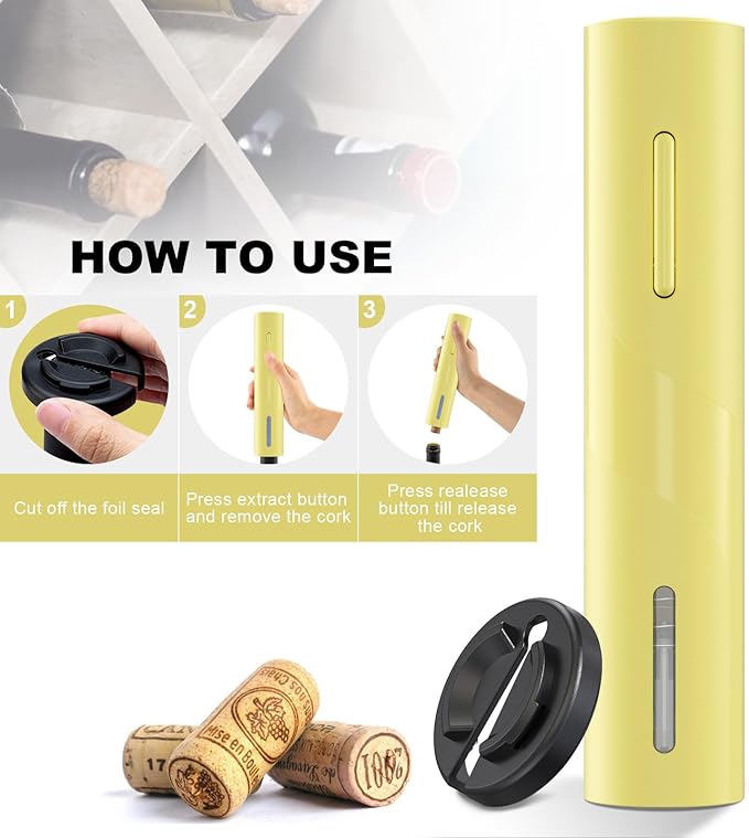 COKUNST Wine Bottle Opener with Foil Cutter, Battery Operated Automatic Corkscrew for Kitchen Party Home Wedding Yellow