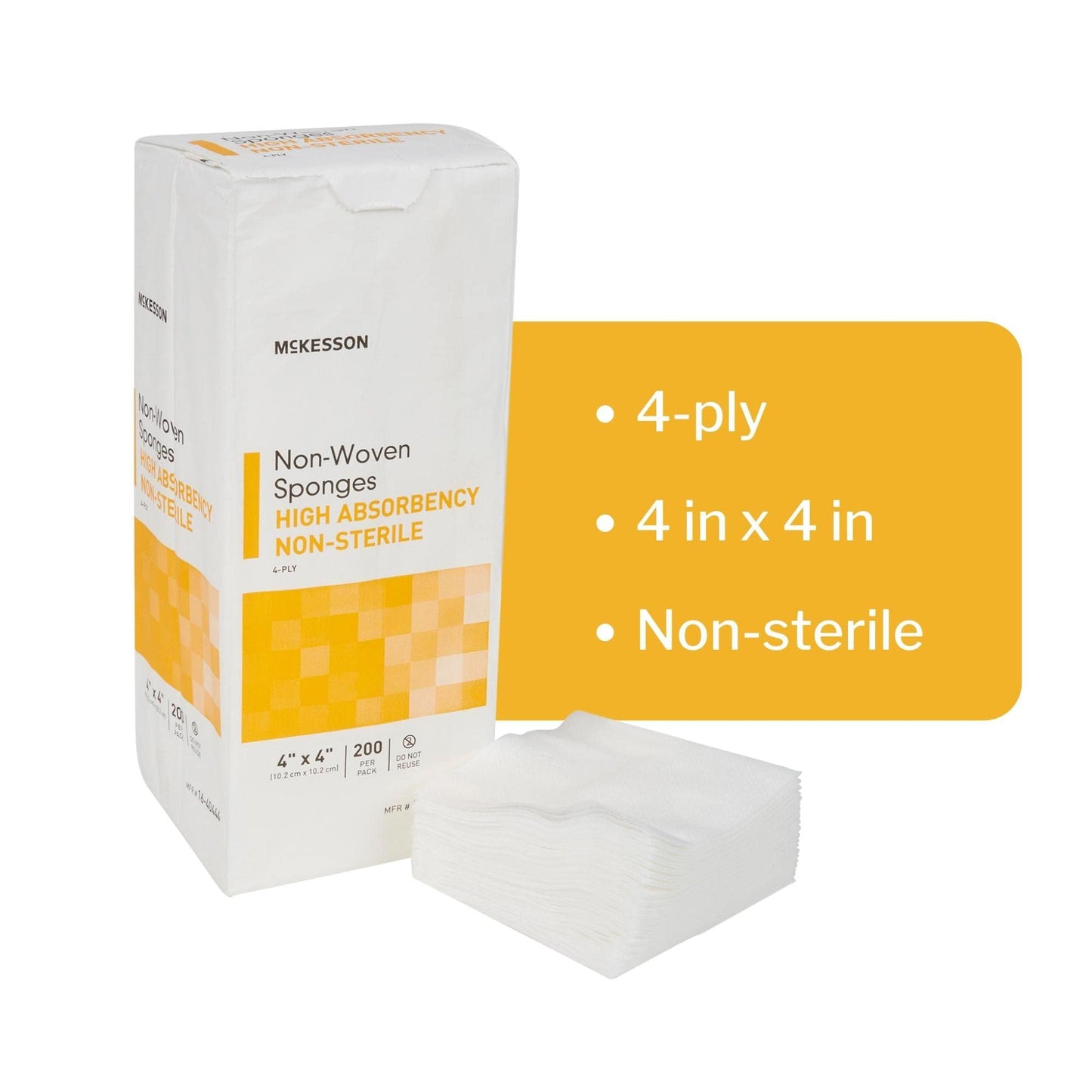 McKesson Non-Woven Sponges, Non-Sterile, 4-Ply, High Absorbency, Polyester/Rayon, 4 in x 4 in, 200 per Pack, 1 Pack