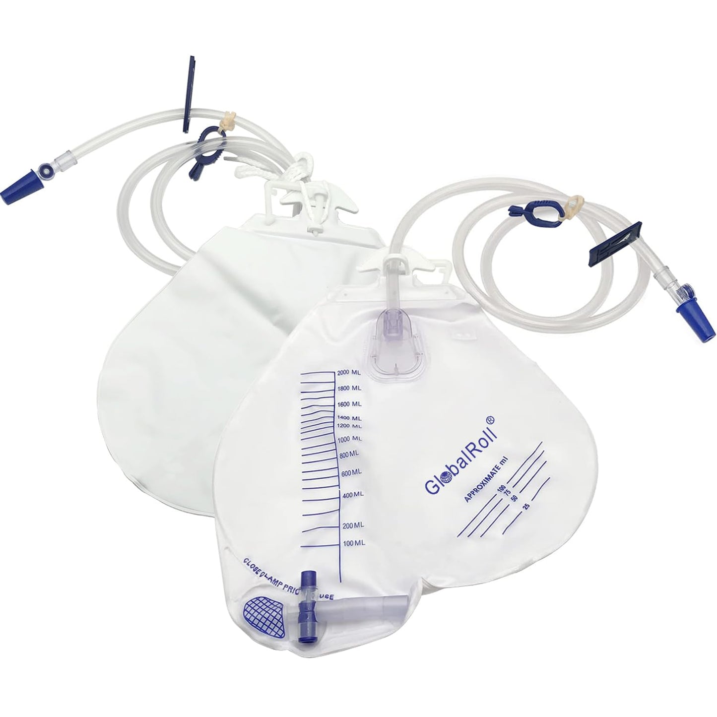 GlobalRoll Urinary Drainage Bag with Anti-Reflux Chamber, Urine Bag with 2000 mL Volume, 48" Drainage Tube, Clips and Hanging Hook, Professional Urinary Bag for Home and Hospitals Health Aids, 5 Pack