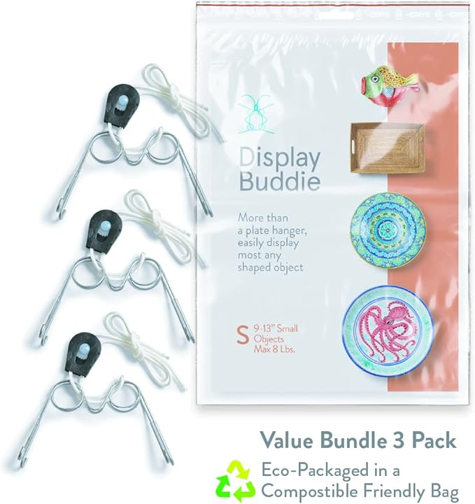 Display Buddie Adjustable Wall Plate Hanger - for Oval Square Round Rectangle Wall Display - Steel - Silicone Hooks - Small 3-Pak 10"-16" up to 8 lbs