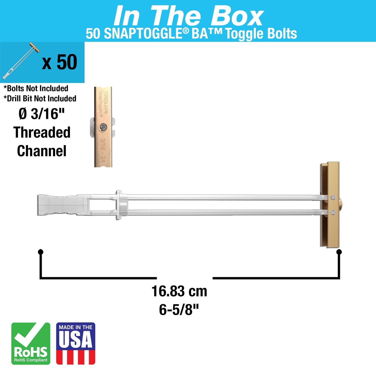 TOGGLER SNAPTOGGLE Heavy-Duty Drywall Toggle Bolt – 3/16"-24 UNC Zinc-Plated Anchor for Hollow Walls, Plaster & Tile – Holds 238 lbs in 1/2" Drywall, Easy Install – 50 Pack (W/O Bolts)