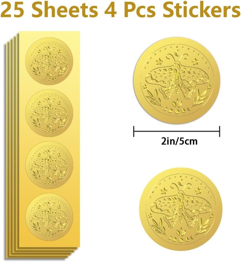 Peacoblue Gold Foil Sticker Seal Embossed 2 Inch 100Pcs Bohemia Moth, Self Adhesive Gold Around Embossing Sticker for Invitation Certificate Envelope Seal Gift Card Decoration