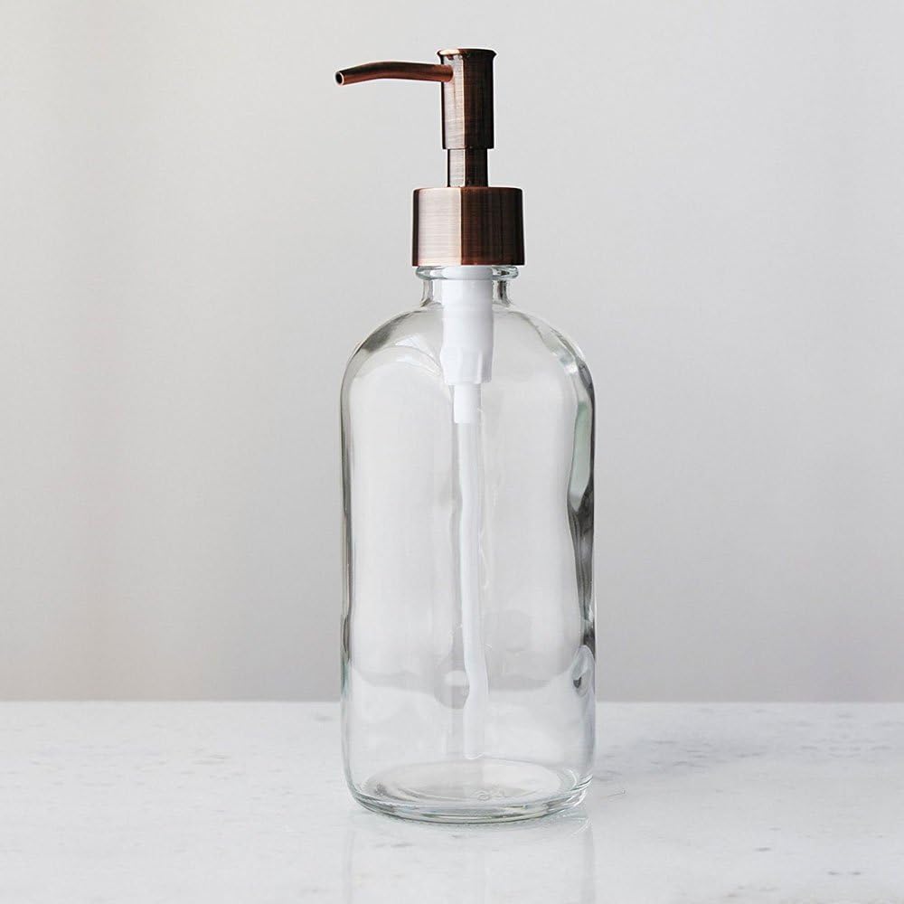 Rail19 Market Clear Glass Soap Dispenser with Metal Pump - Liquid Hand Soap & Lotion for Kitchen and Bathroom, 16oz (Copper Rustic)