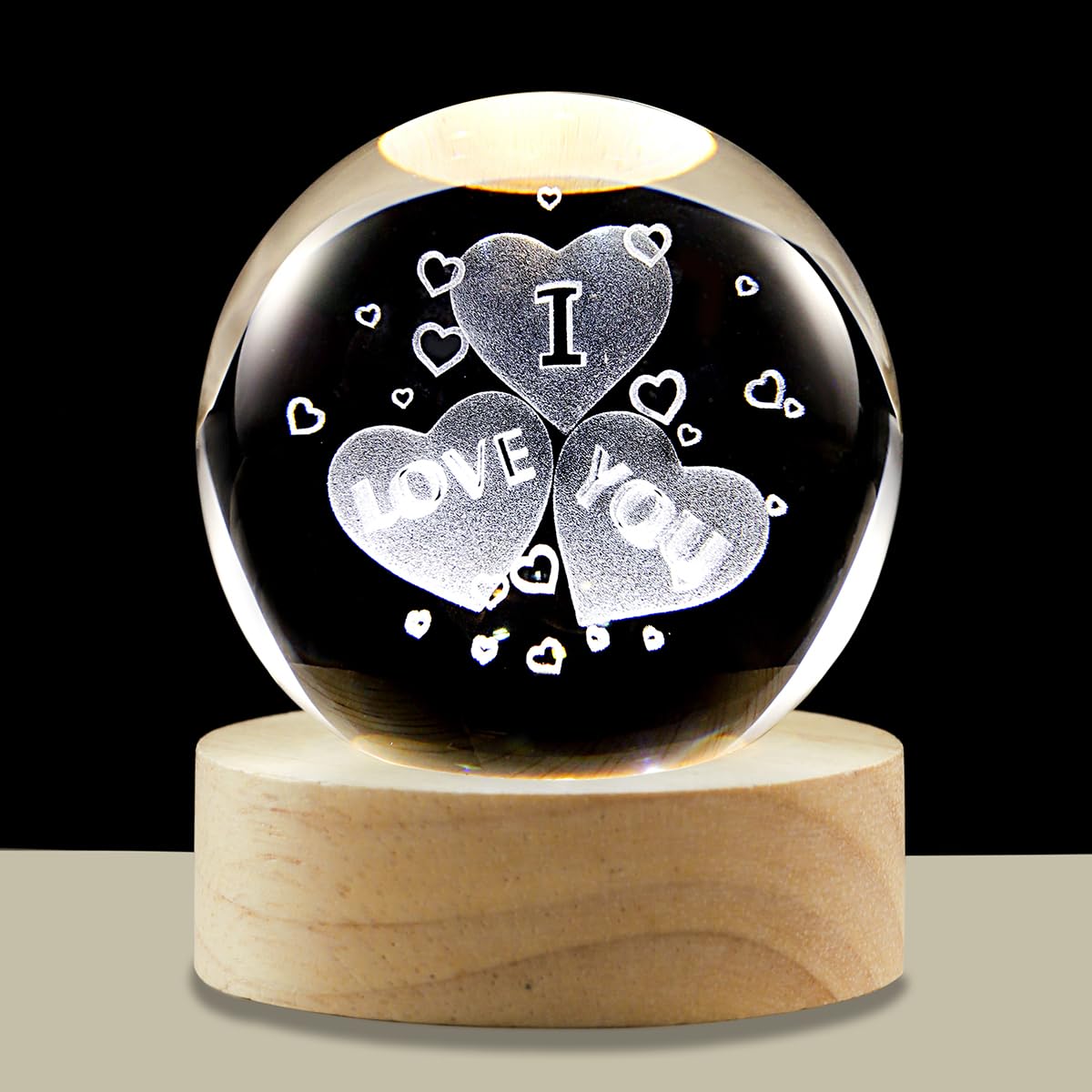 Hochance 3D Heart Crystal Ball Lamp With Adjustable Brightness Led Wooden Base Night Light For Kids Teens mature-themeds Birthday Gift Home Desk Office Bedroom Decor (6Cm / 2.4 )