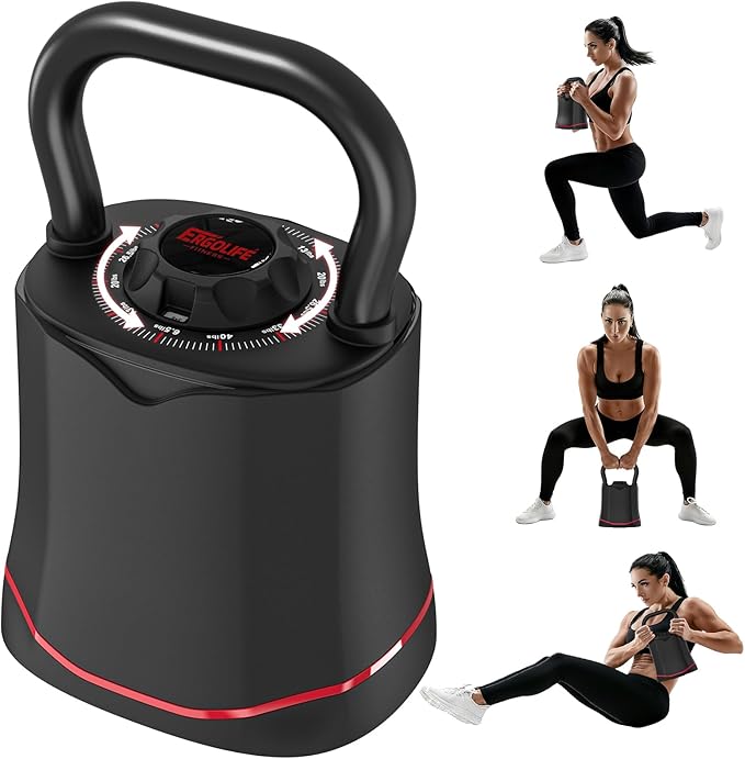 ERGOLIFE 6.5LB-40LB Adjustable Kettlebell Set, 6-in-1 Quick Weight Change, Space-Saving Weight Set for Home Gym Strength T...