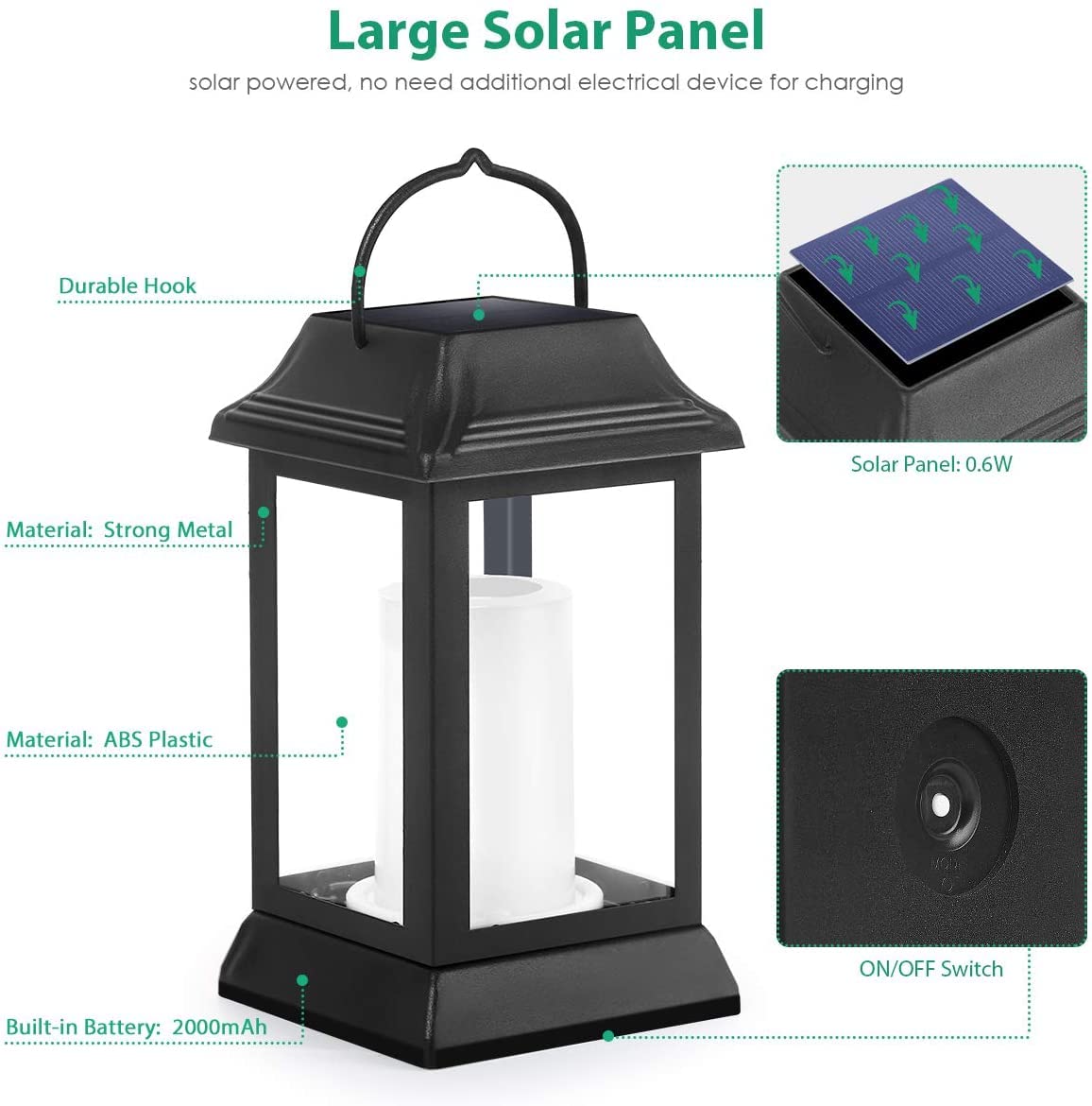 Tomcare Solar Lights Metal Flickering Flame Lanterns, Waterproof Outdoor Hanging Decor, 2 Pack, Black, Model Sz-19003