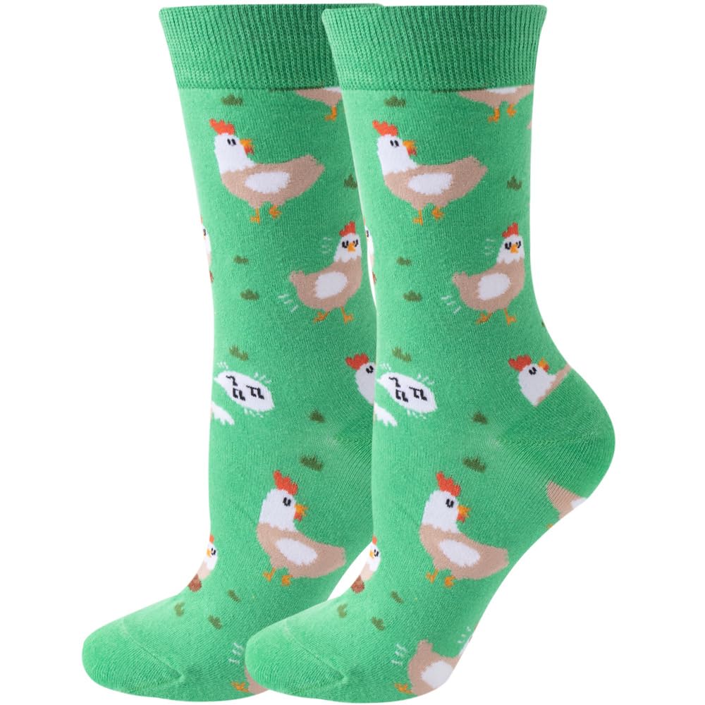 Angelteers 5 Pairs Cute Animal Crew Socks Fun Casual Cotton Calf Socks for Women (US, Alpha, One Size, Regular, Regular, Chicken)