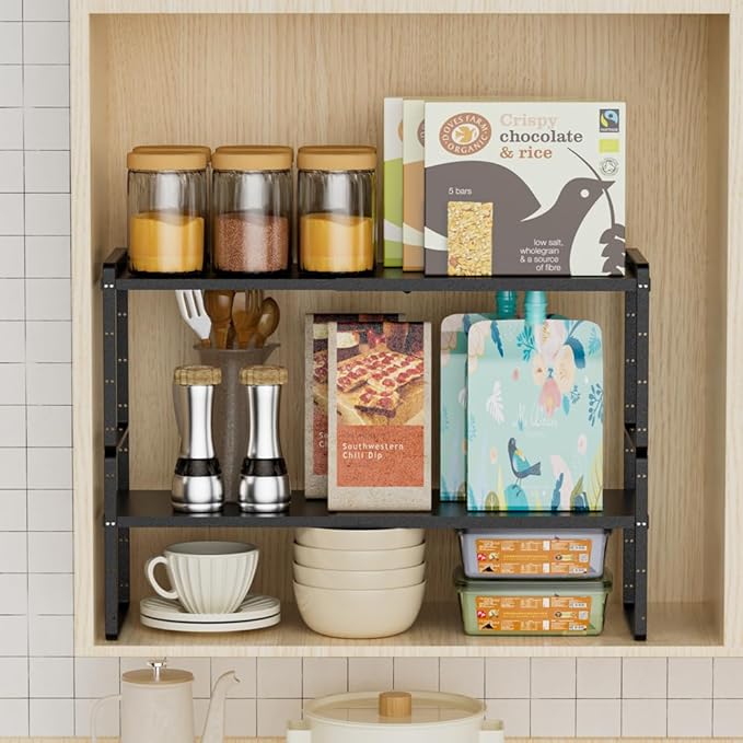 Slideep Expandable Cupboard Organizer,Large Kitchen Cabinet Organizer Stackable Shelf Organizer large Expandable Shelves, Counter Pantry Storage Organization, Black, 16" to27 L x 10" W, 3 pack