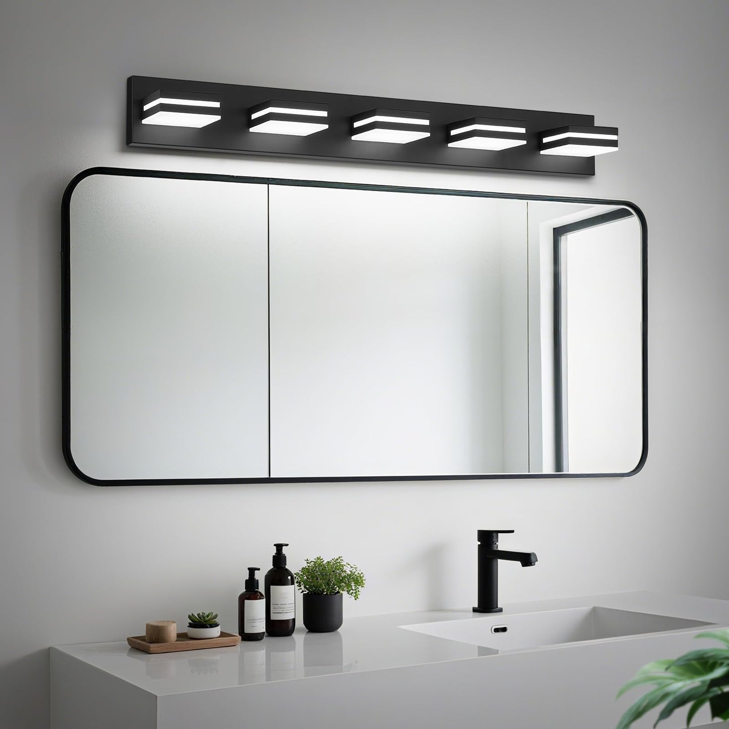 JZEKVN Modern LED Bathroom Lights Fixtures(5-Light),Metal Black Acrylic Wall Lighting,Vanity Lights for Bathroom Over Mirror(6000k 34in)