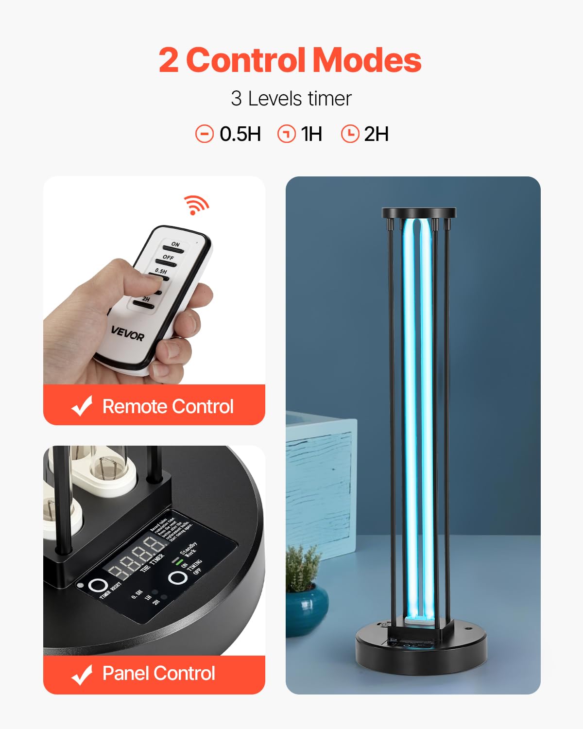 VEVOR UV Light 55W Ultraviolet Lamp with Ozone Purifier, 30/60/120 Min Timer, Remote Control, Black, Model US-007/55W
