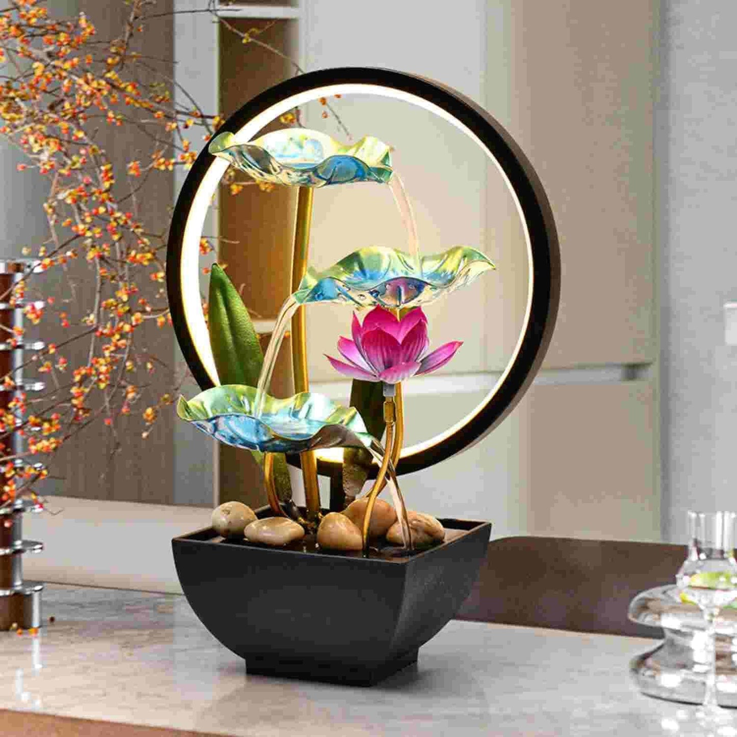 Indoor Tabletop Tiered Water Fountain 3 Level Tabletop Waterfall Meditation Fountain Includes Many Natural River Rocks LED Lights Relaxing Small Water Feature for Desk or Home Decor