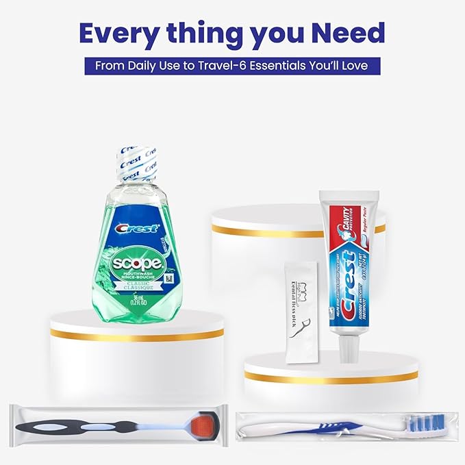 Trektote Bulk Toothpaste and Toothbrush Set- (100 Pack) 6 Piece Dental Care Kit, TSA Compliant, Includes Toothpaste, Toothbrush, Mouthwash, Flosses and Premium Toiletry Bag