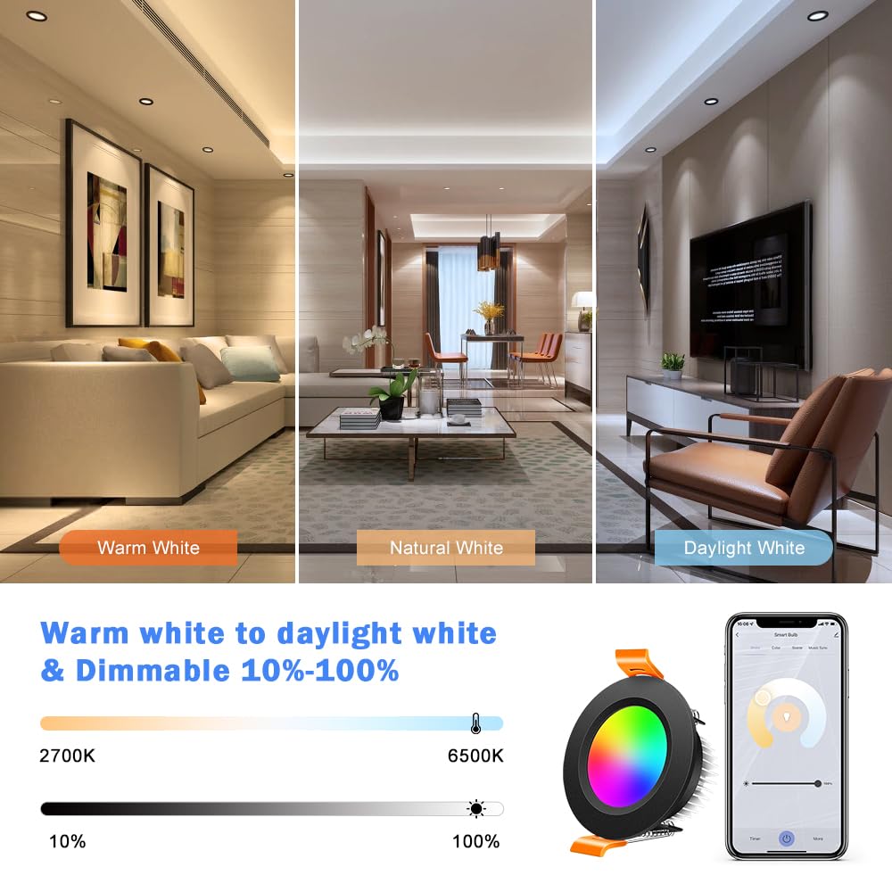 Inshareplus 2 Inch Smart Recessed Lighting  6 Pack Wifi Black Led Downlight 5W 120V  Dimmable Rgbcw 2700-6500K Color Changing  Compatible With Alexa/Google  Ceiling Lights With Led Driver